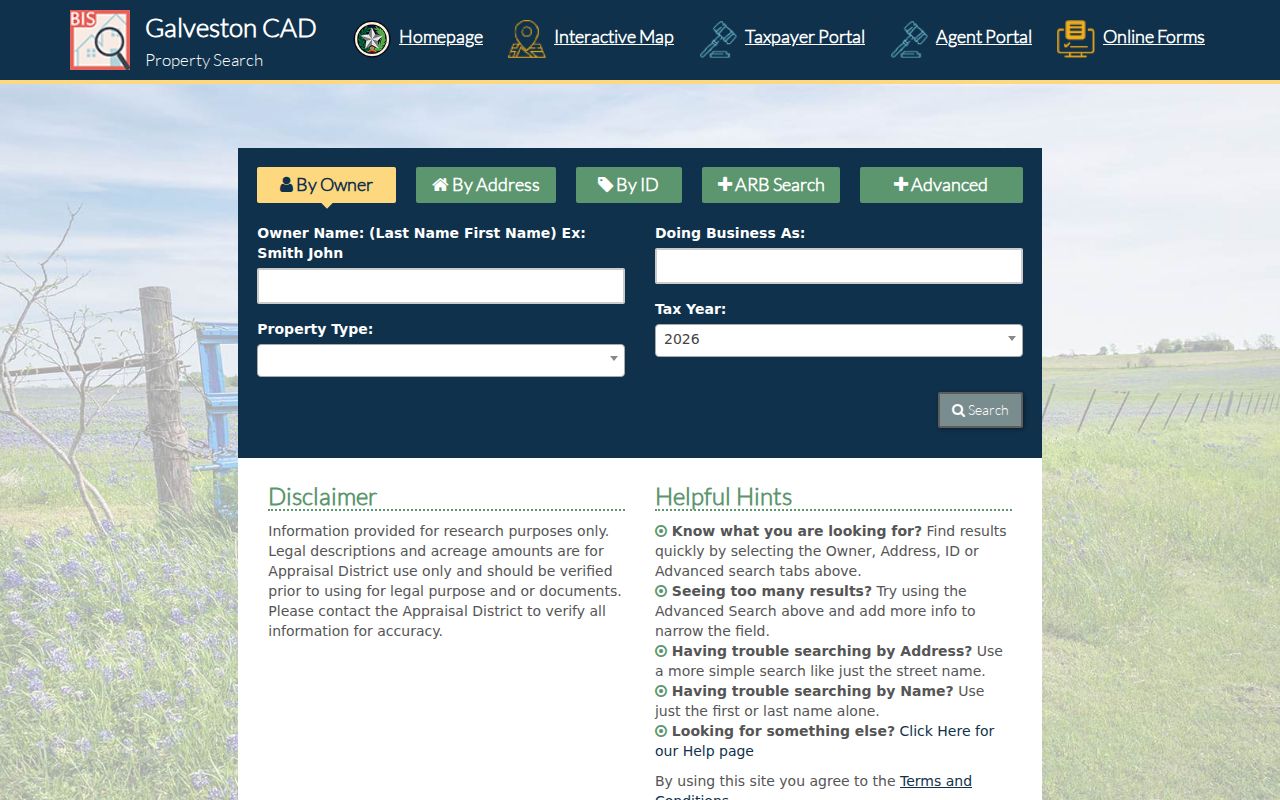 Dickinson ZIP research using GCAD Advanced property search fields
