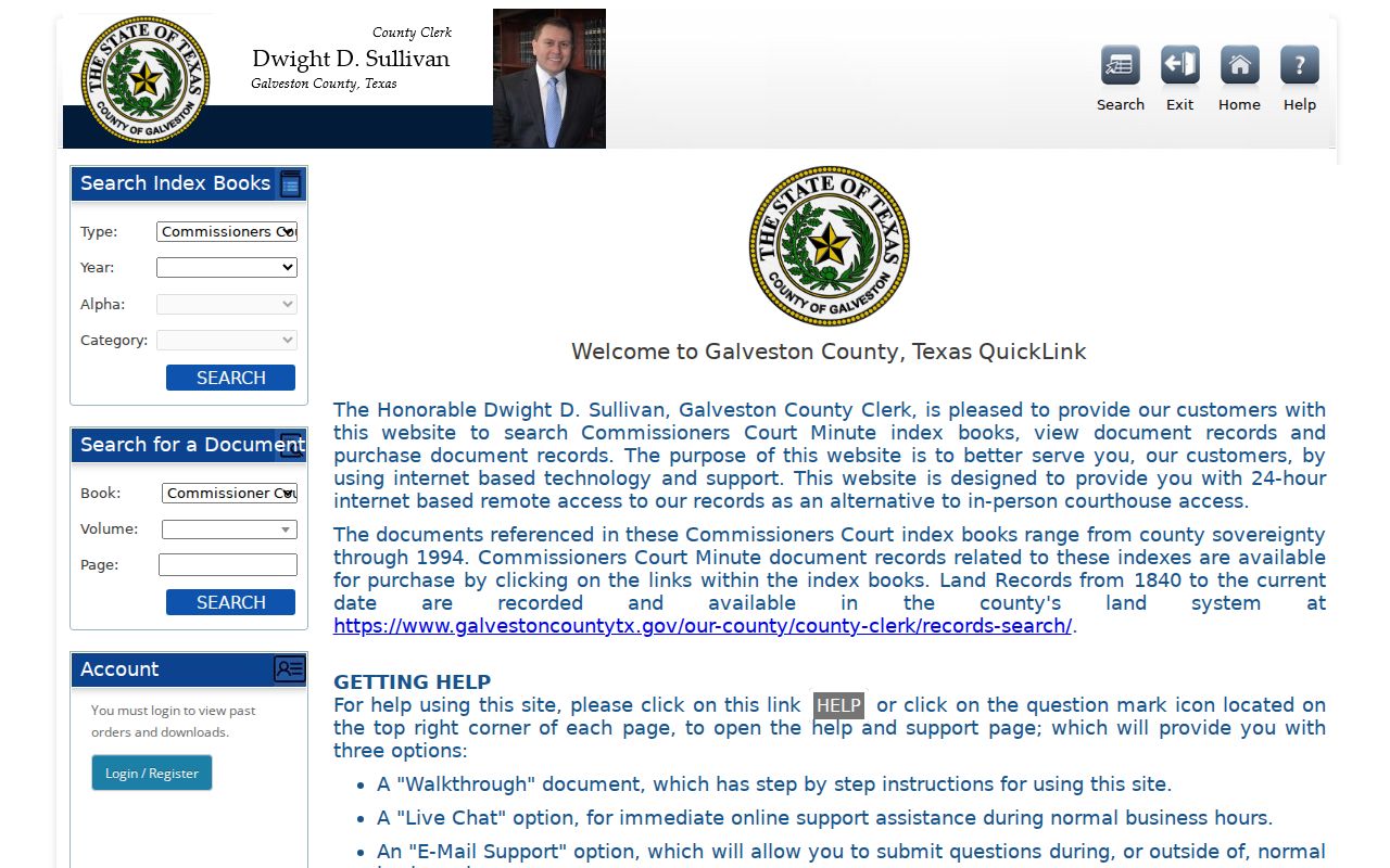 Dickinson previous residents deed chain search using Galveston County grantor and grantee index controls