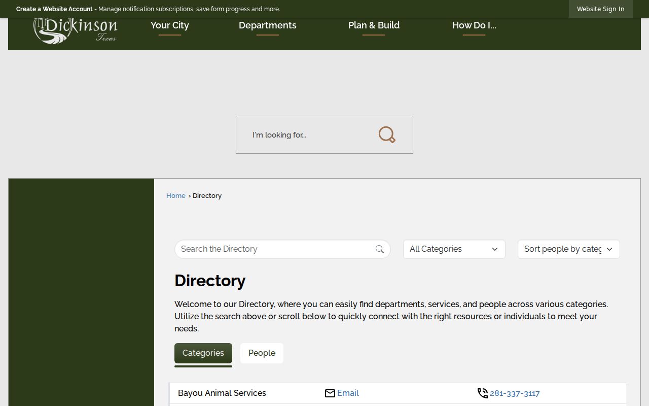 Dickinson residents directory source showing the city staff directory